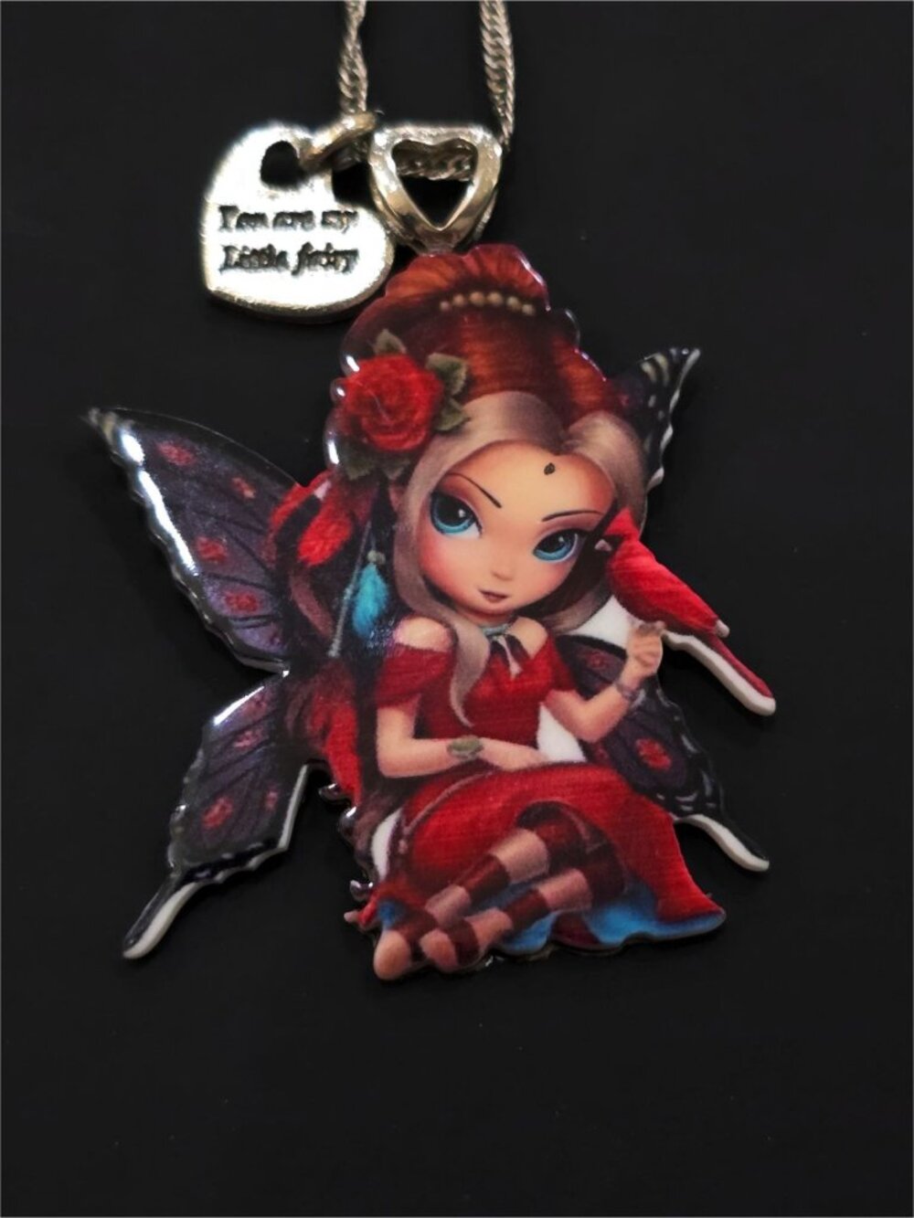 Hand Crafted ✦ Fairy Girl Acrylic Pendant Necklace ✦ Red Rose Silver Chain NWT